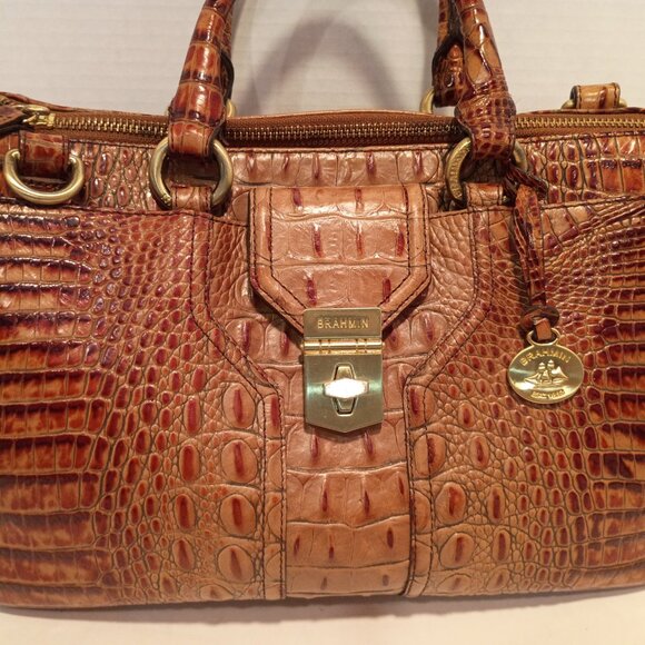 Vintage BRAHMIN ANNABELLE Melbourne Pecan Croc-Embossed Leather Zip-top Satchel - Picture 3 of 15